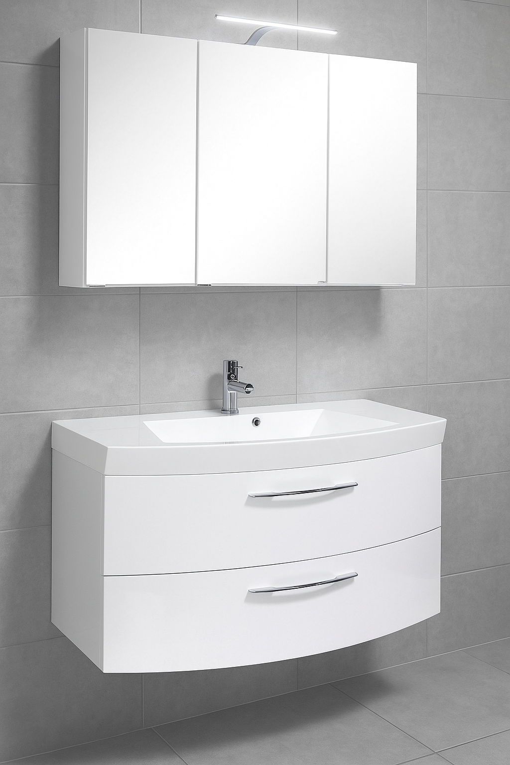 Badmöbel LED Spiegel Weiß FB 100 cm –& Soft-Close Schubladen