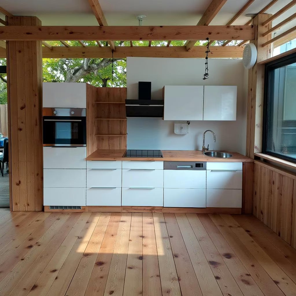 Moderne Einbauküche 290cm , Softclosse auszüge ,weiß mit Holzarbeitsplatte ohne E.Geräte