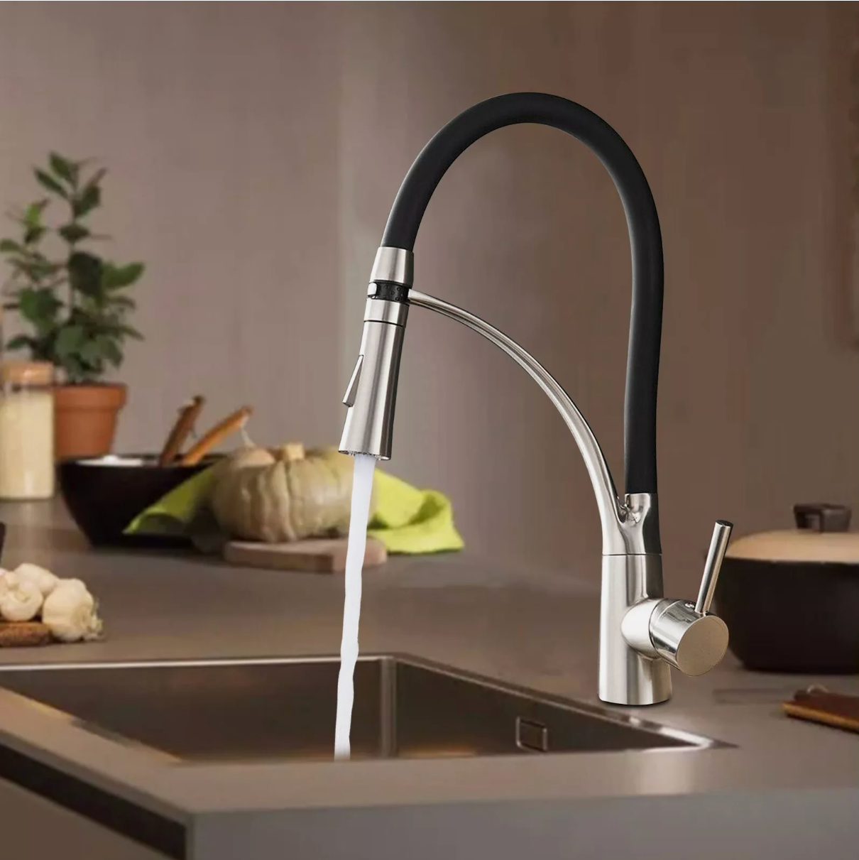 Küchenarmatur Edelstahl Schwarz Wasserhahn Einhand Ausziehbar mit Brause