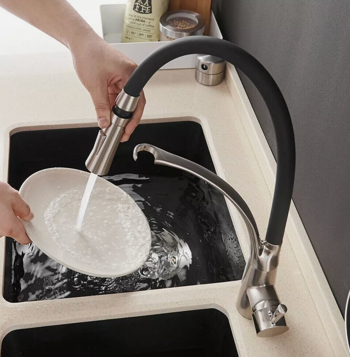 Küchenarmatur Edelstahl Schwarz Wasserhahn Einhand Ausziehbar mit Brause