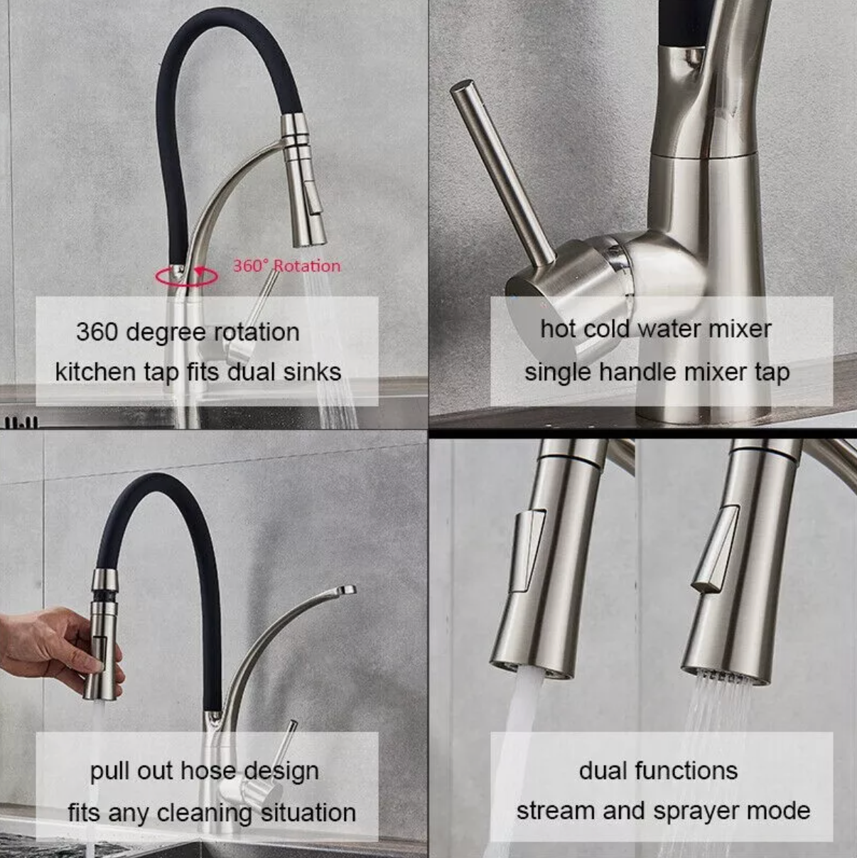 Küchenarmatur Edelstahl Schwarz Wasserhahn Einhand Ausziehbar mit Brause