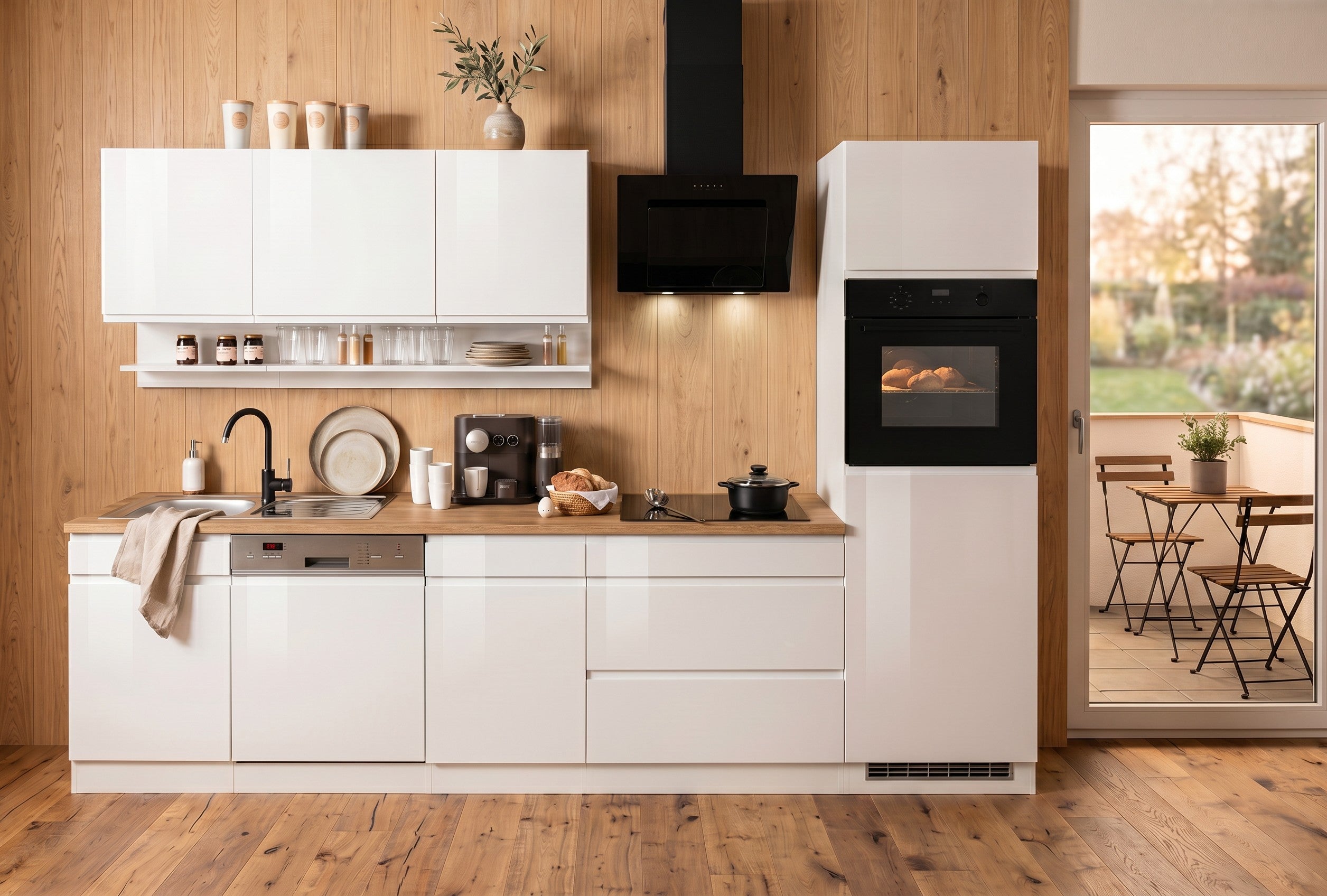 Moderne Küchenzeile 300 cm – Weiß Hochglanz / Wotaneiche – Grifflos – inkl. 4 Elektrogeräte – Made in Germany