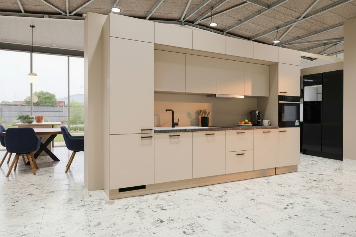 Moderne Hochglanz- Kaschmirgrau Küche 360cm – Made in Germany – Premium-Auszüge – Neuware