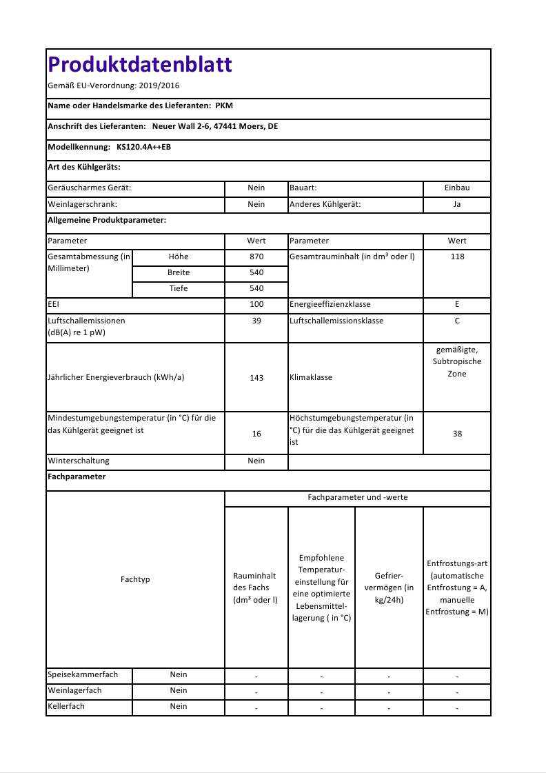 PKM Einbaukühlschrank KS120.4A++EB