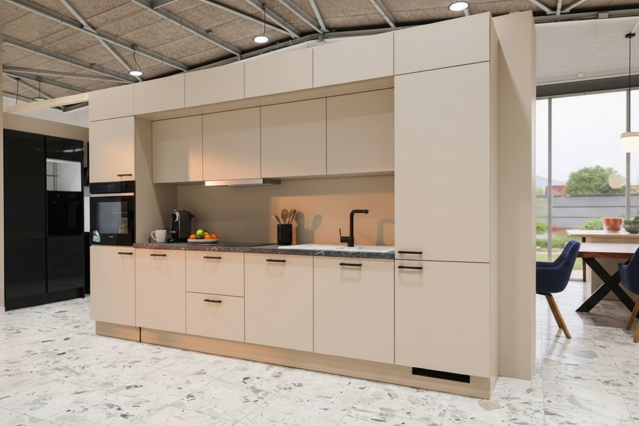 Moderne Hochglanz- Kaschmirgrau Küche 360cm – Made in Germany – Premium-Auszüge – Neuware