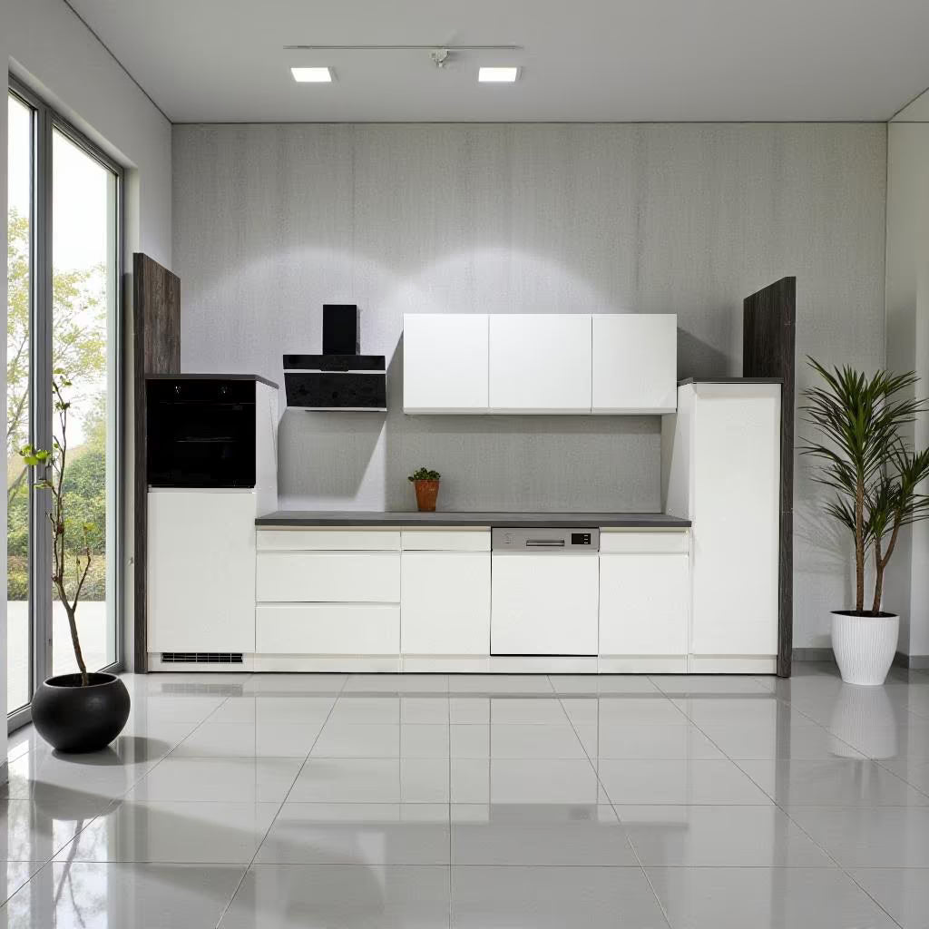 Hochglanz-Küche in Weiß, 350 cm,Ohne Elektrogeräten