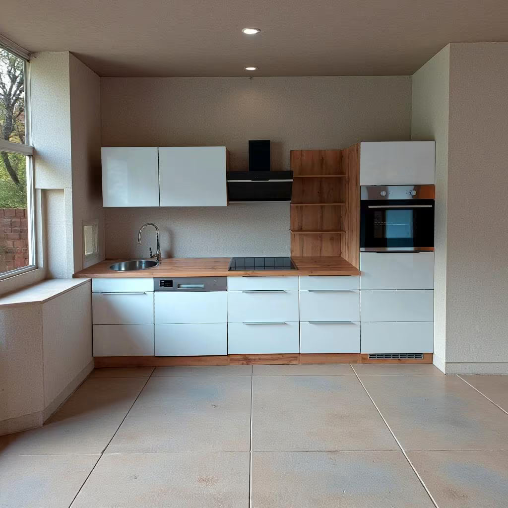 Moderne Einbauküche 290cm weiß mit Holzarbeitsplatte