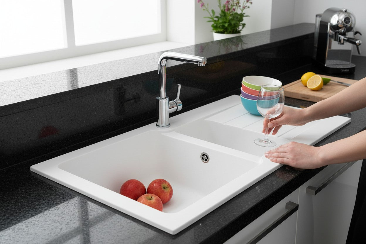 Küchenspüle Granit Weiß 96x48 cm Einbauspüle Spülbecken mit Abtro