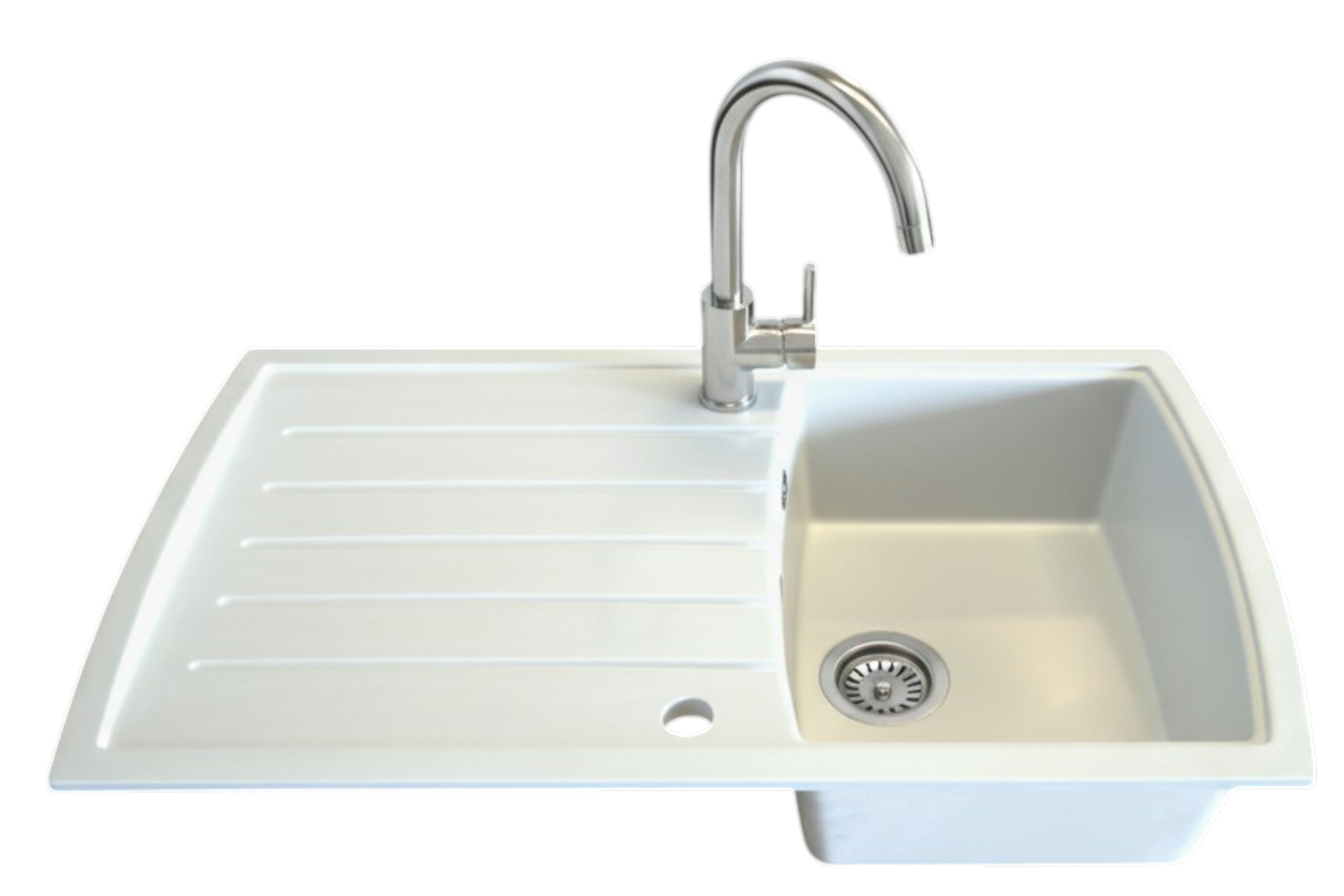 Weiße Granitspüle 88x50 cm mit Abtropffläche – robuste Einbauspüle inkl. Siphon – pflegeleicht & kratzfest