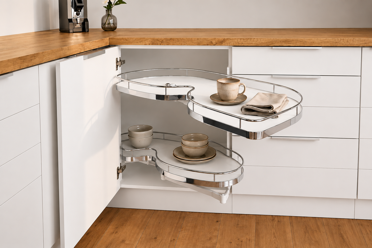 Eckschrank-Nierenauszug 100cm – Weiß/Chrom – RECHTS