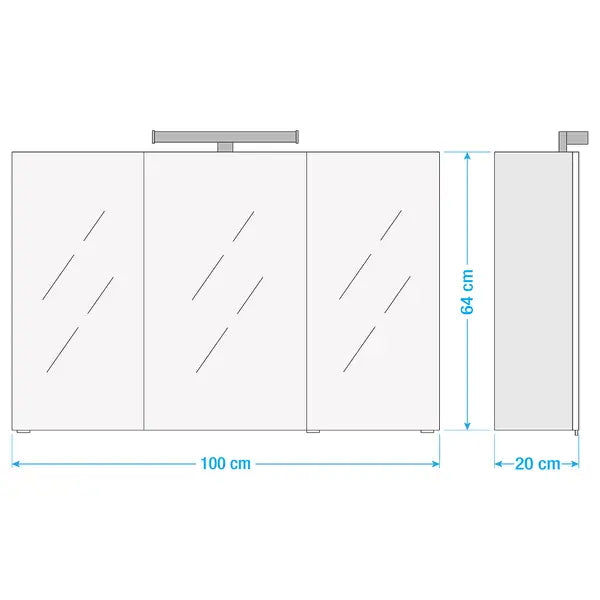 Spiegelschrank Farbe wotaneiche  FLORIA – 100 cm – 3 Spiegeltüren – LED-Beleuchtung