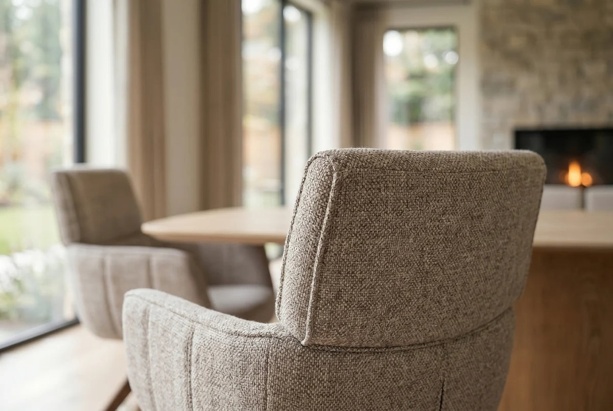Esszimmerstuhl Stuhl Drehstuhl LIVA mit Armlehnen – 180° Auto-Return, Strukturstoff Taupe-Beige