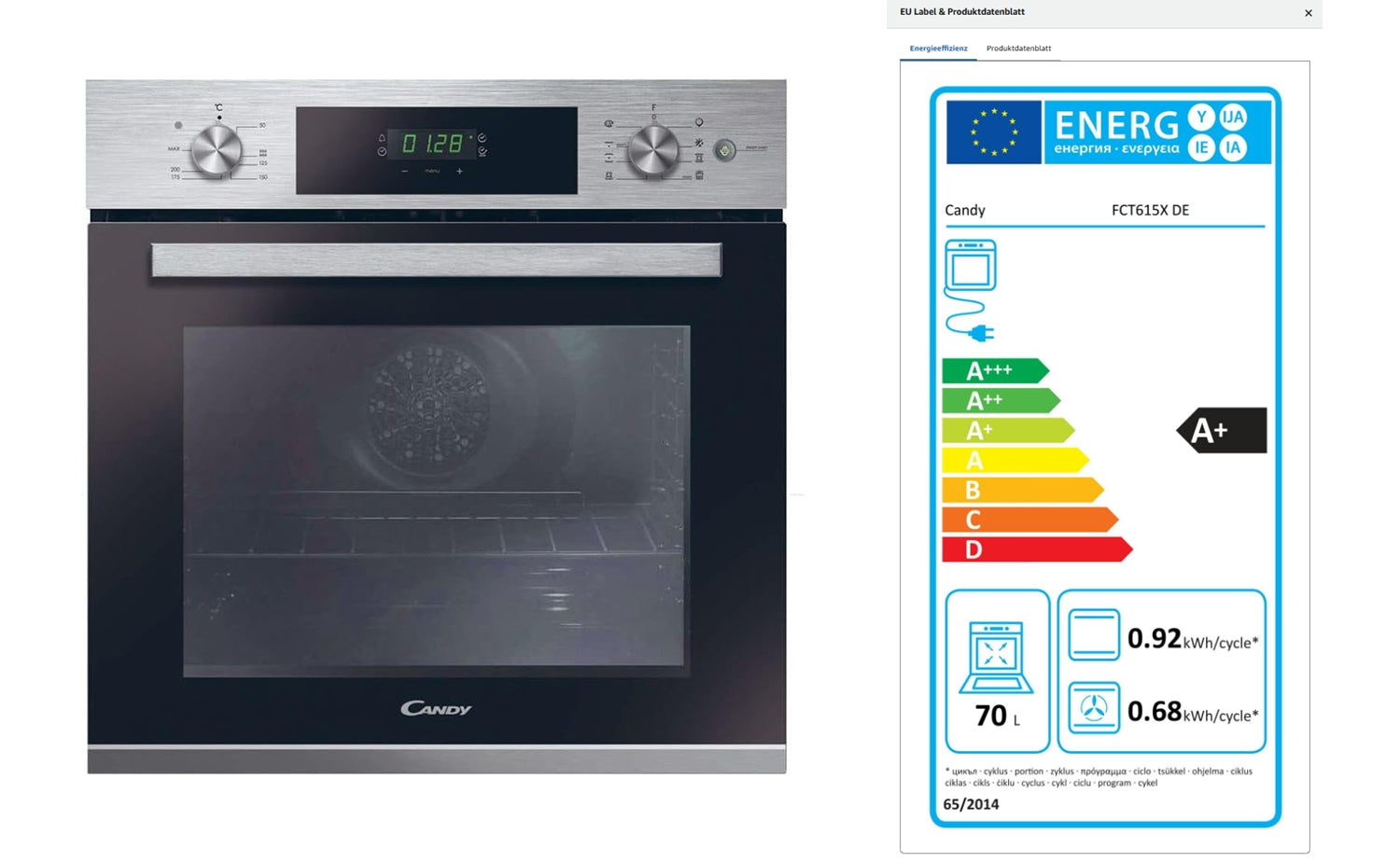Candy FCT615X DE Einbau-Backofen 70 Liter Edelstahl | Umluft | Aquactiva Reinigung | Energieklasse A+