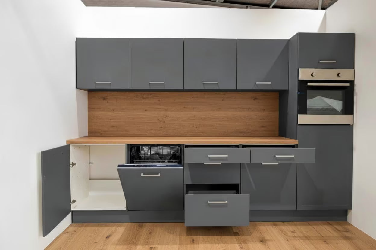 Moderne Einbauküche 300 cm – grau Matt – ohne Elektrogeräte