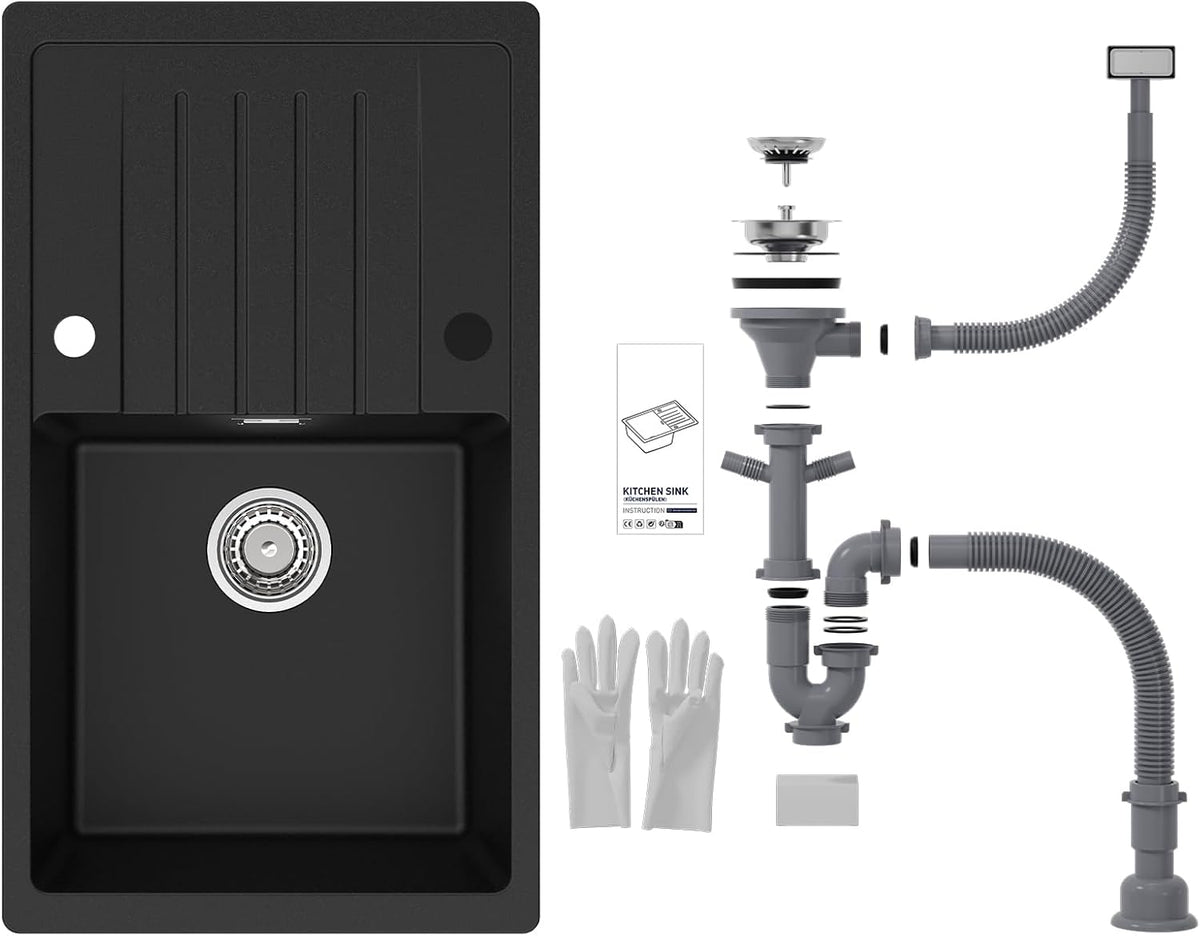 Granitspüle Schwarz 78 × 45 cm – Spülbecken mit Abtropffläche &amp; Siphon