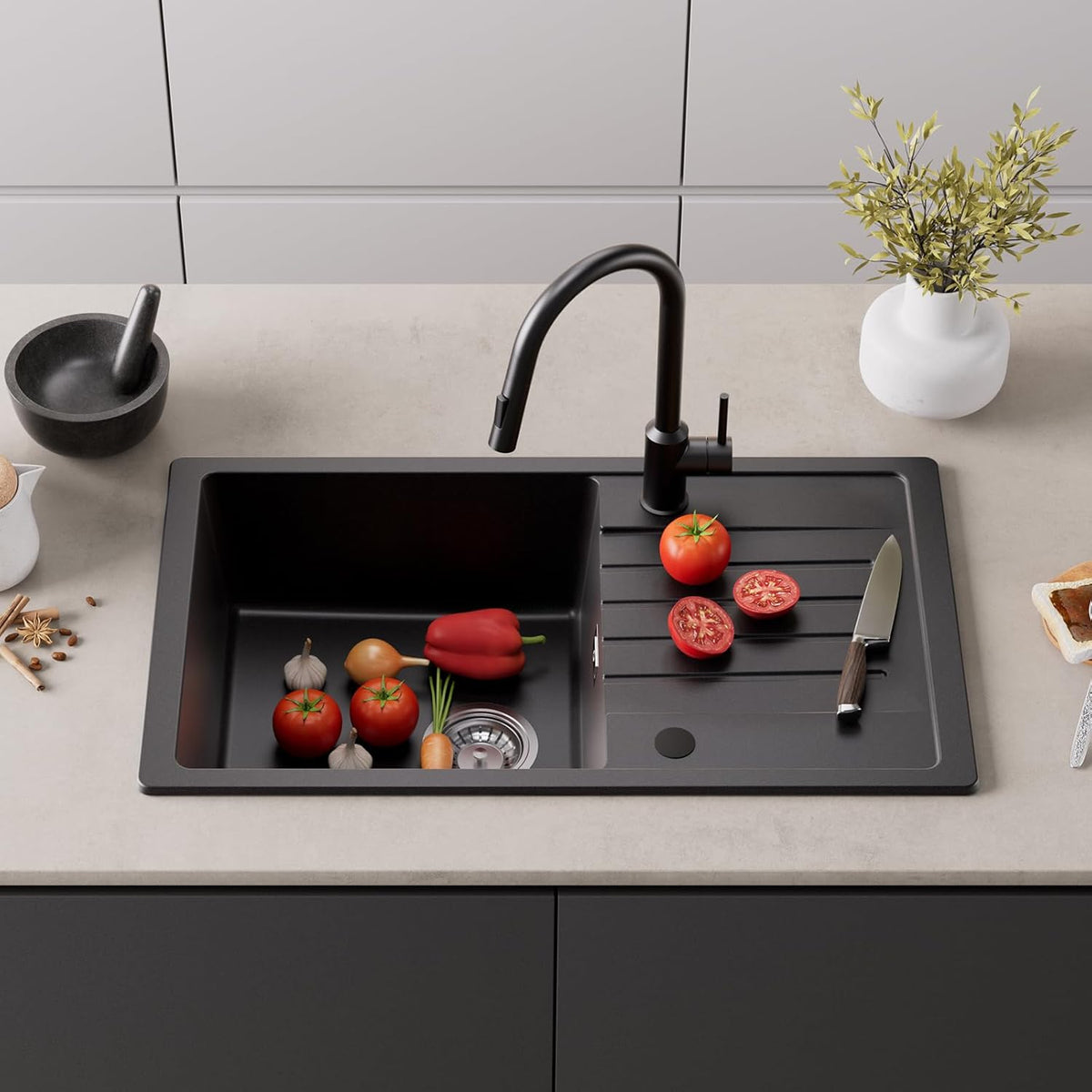 Granitspüle Schwarz 78 × 45 cm – Spülbecken mit Abtropffläche &amp; Siphon