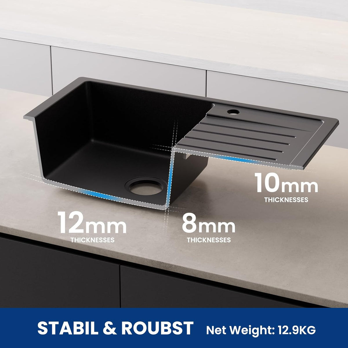 Granitspüle Schwarz 78 × 45 cm – Spülbecken mit Abtropffläche &amp; Siphon