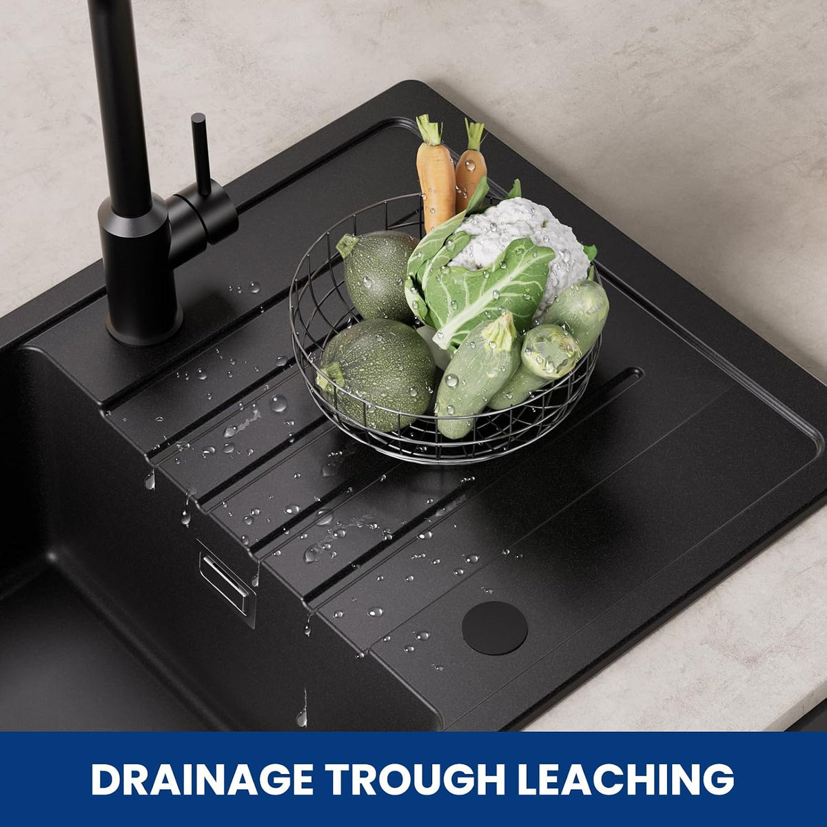 Granitspüle Schwarz 78 × 45 cm – Spülbecken mit Abtropffläche &amp; Siphon