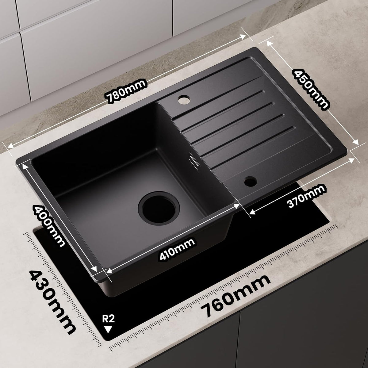 Granitspüle Schwarz 78 × 45 cm – Spülbecken mit Abtropffläche &amp; Siphon