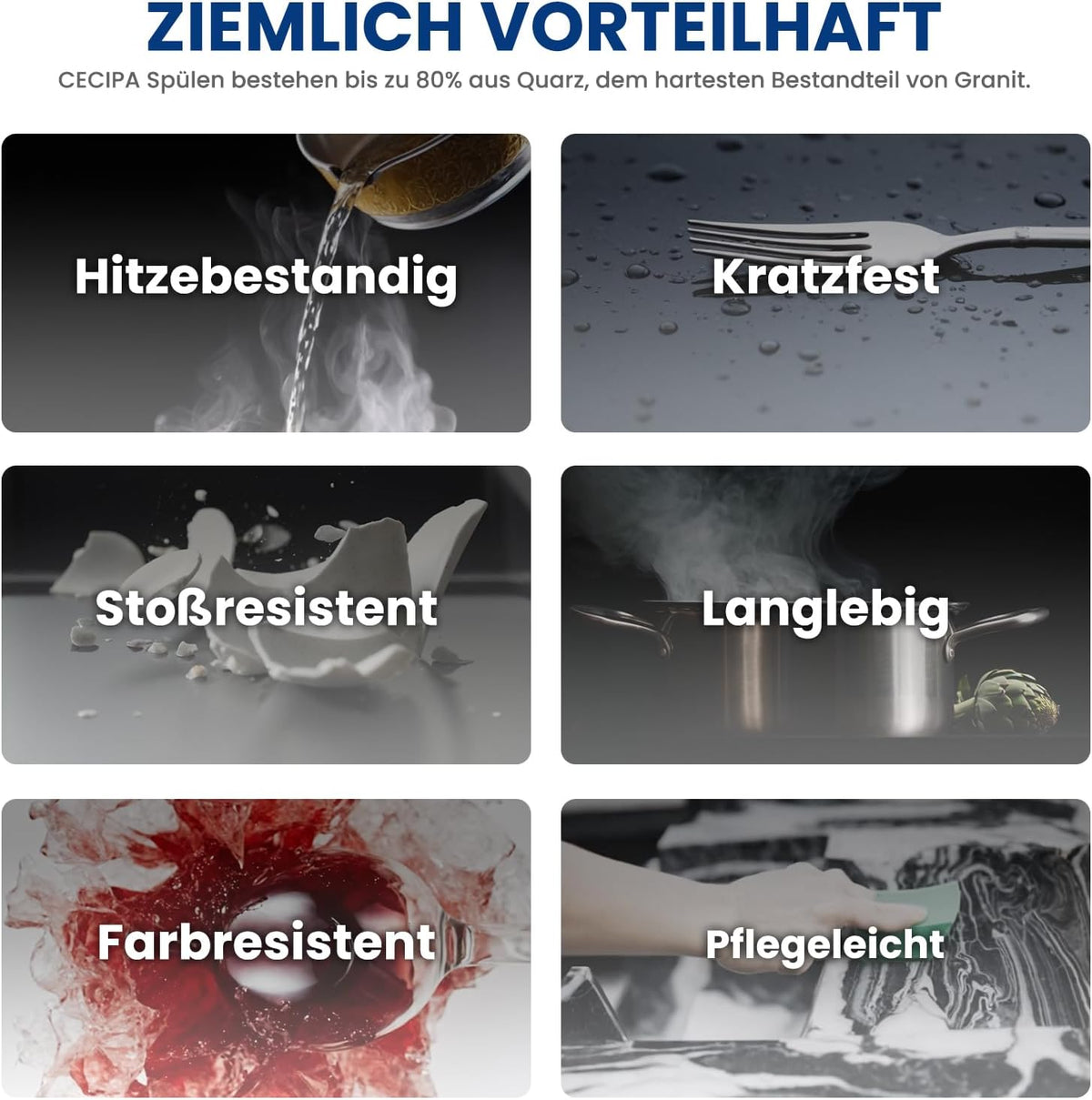 Granitspüle Schwarz 78 × 45 cm – Spülbecken mit Abtropffläche &amp; Siphon