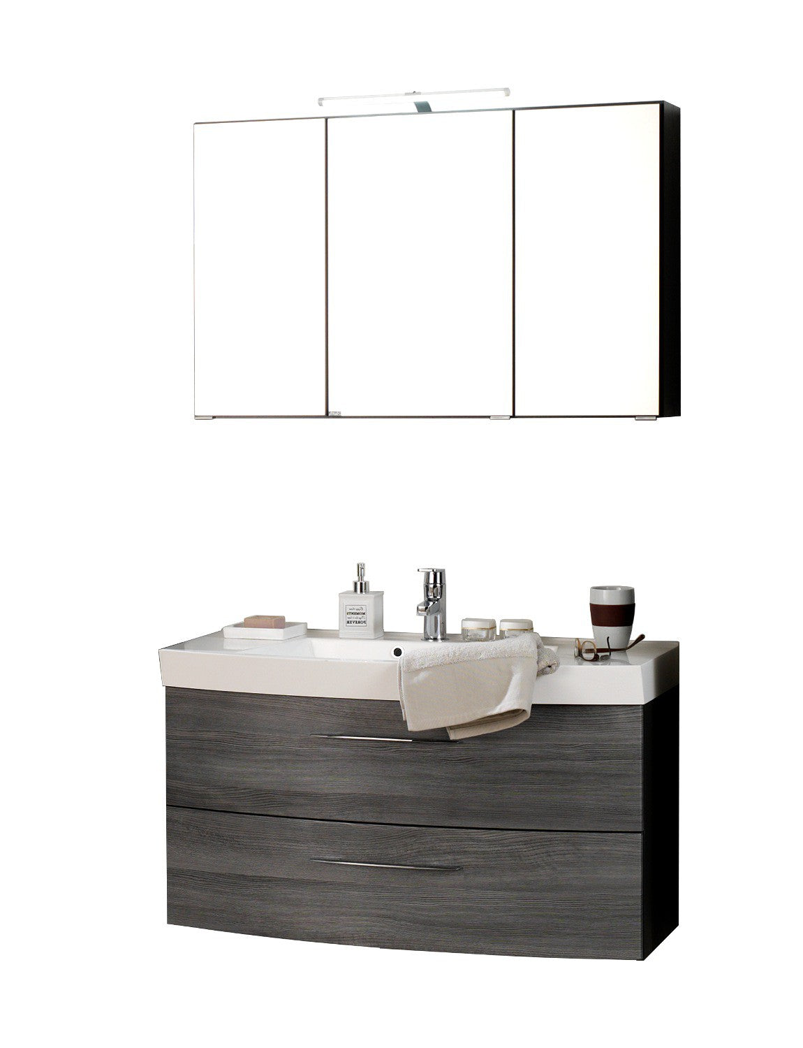 Badmöbel FLORIDA, 2-teilig – Waschtisch-Set mit LED-Spiegel, 100 cm, grau