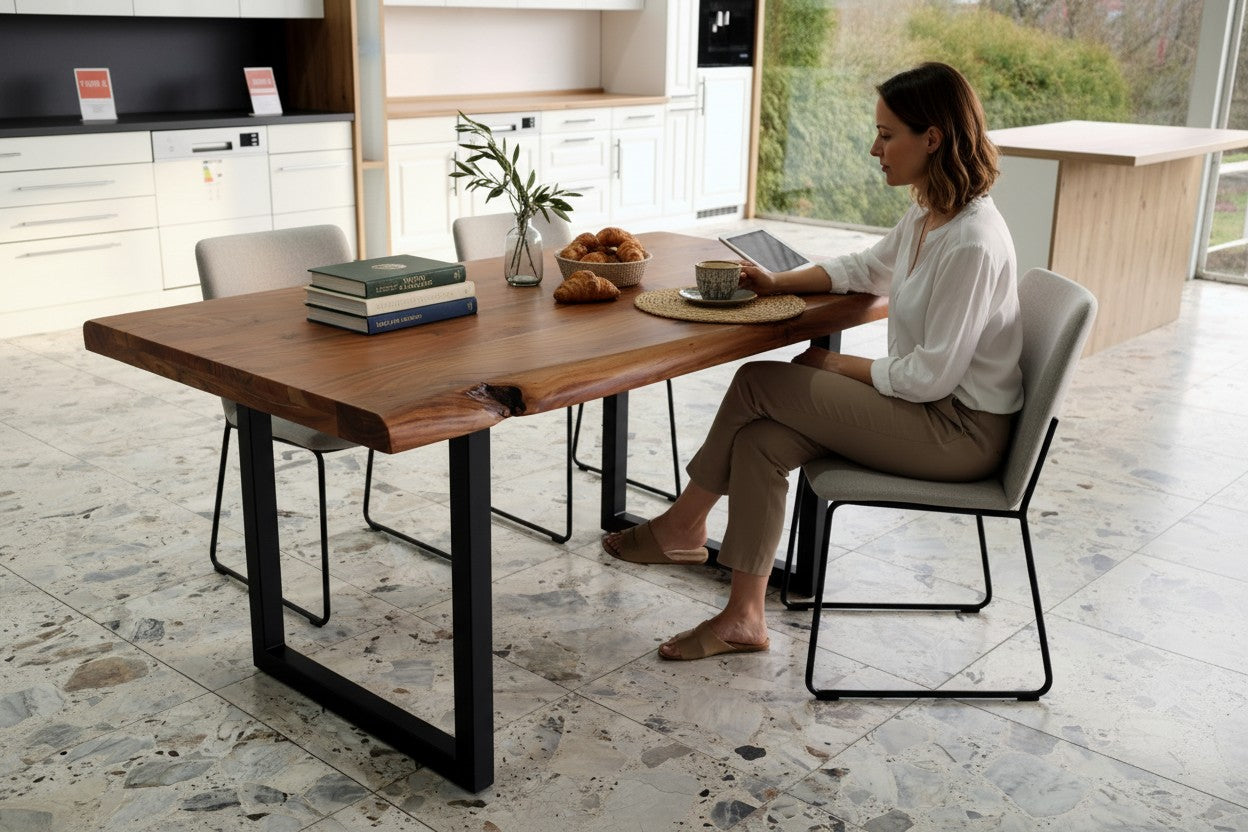 Esstisch Akazie Baumkante Massivholz 140–240 cm – 5,5 cm Platte – U-Gestell Schwarz – Industrial Design UNIKAT