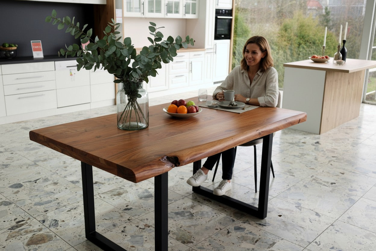 Esstisch Akazie Baumkante Massivholz 140–240 cm – 5,5 cm Platte – U-Gestell Schwarz – Industrial Design UNIKAT