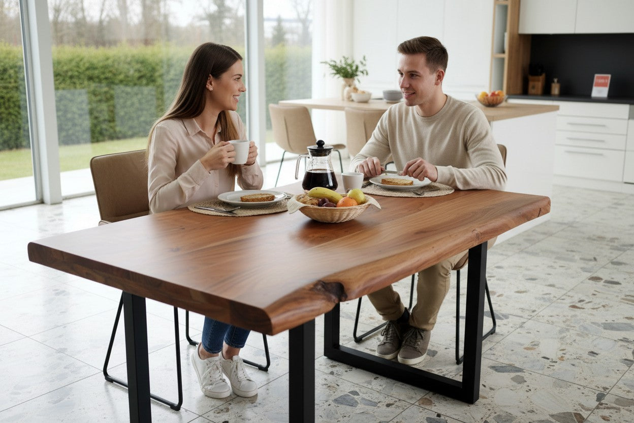Esstisch Akazie Baumkante Massivholz 140–240 cm – 5,5 cm Platte – U-Gestell Schwarz – Industrial Design UNIKAT