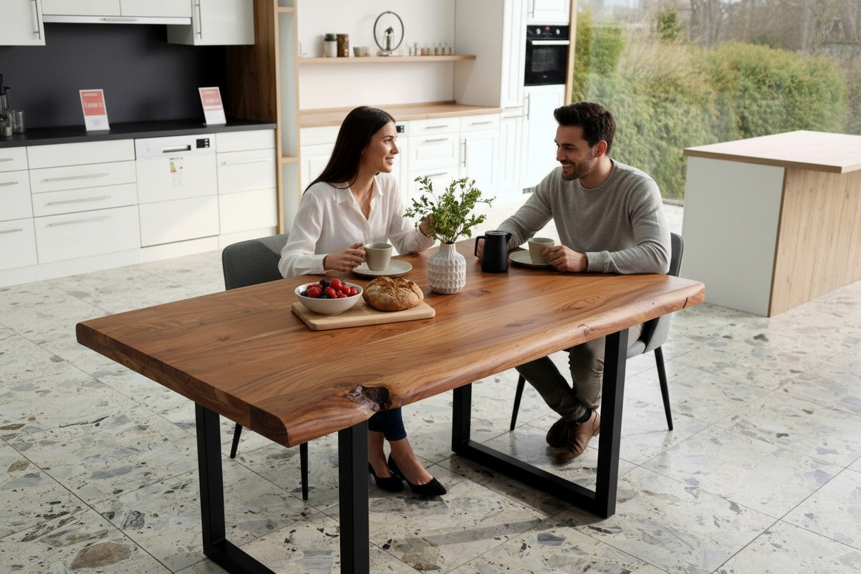 Esstisch Akazie Baumkante Massivholz 140–240 cm – 5,5 cm Platte – U-Gestell Schwarz – Industrial Design UNIKAT