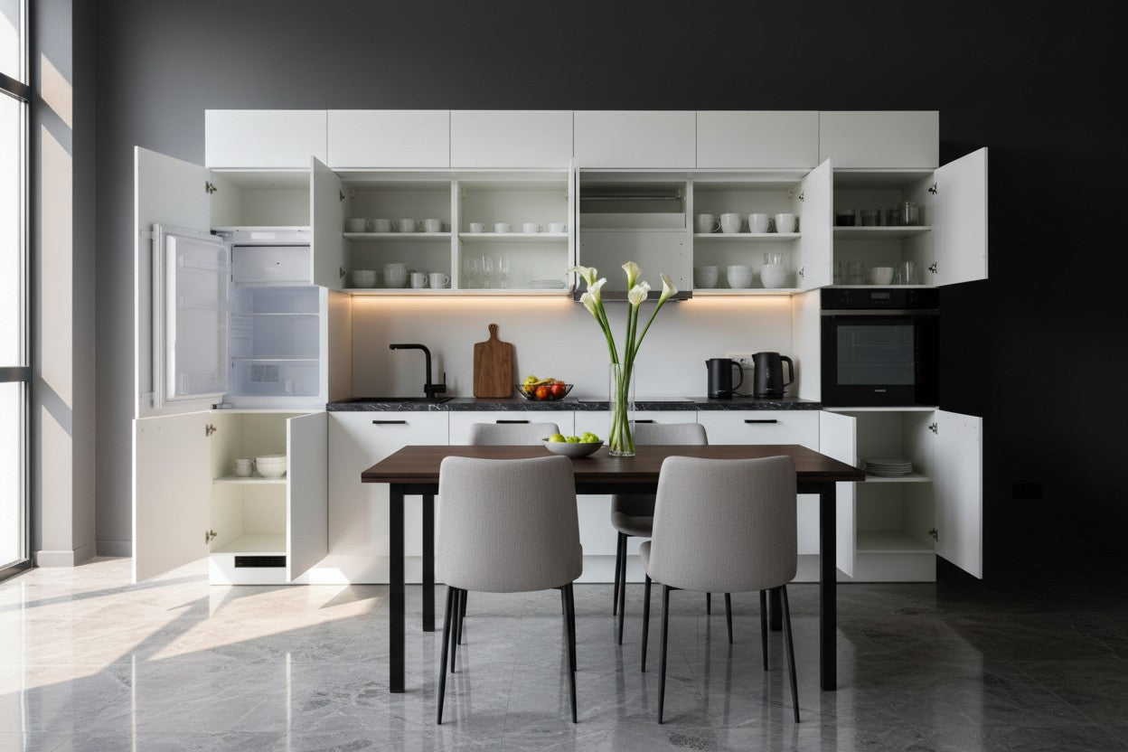 Moderne Hochglanz- Kaschmirgrau Küche 360cm – Made in Germany – Premium-Auszüge – Neuware