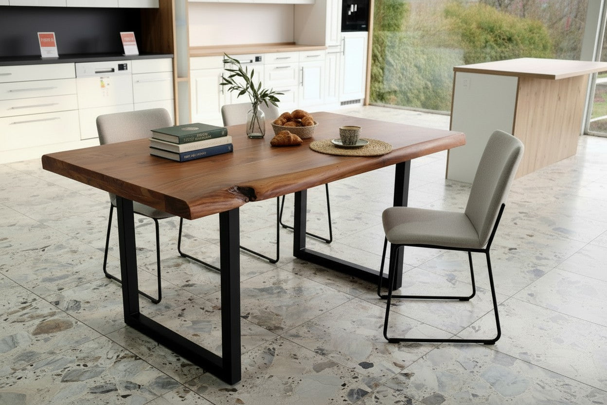 Esstisch Akazie Baumkante Massivholz 140–240 cm – 5,5 cm Platte – U-Gestell Schwarz – Industrial Design UNIKAT