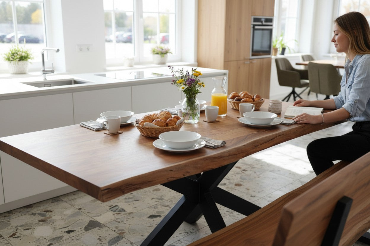 Design Esstisch Baumkante Akazie Massivholz mit Spider Gestell – Unikat