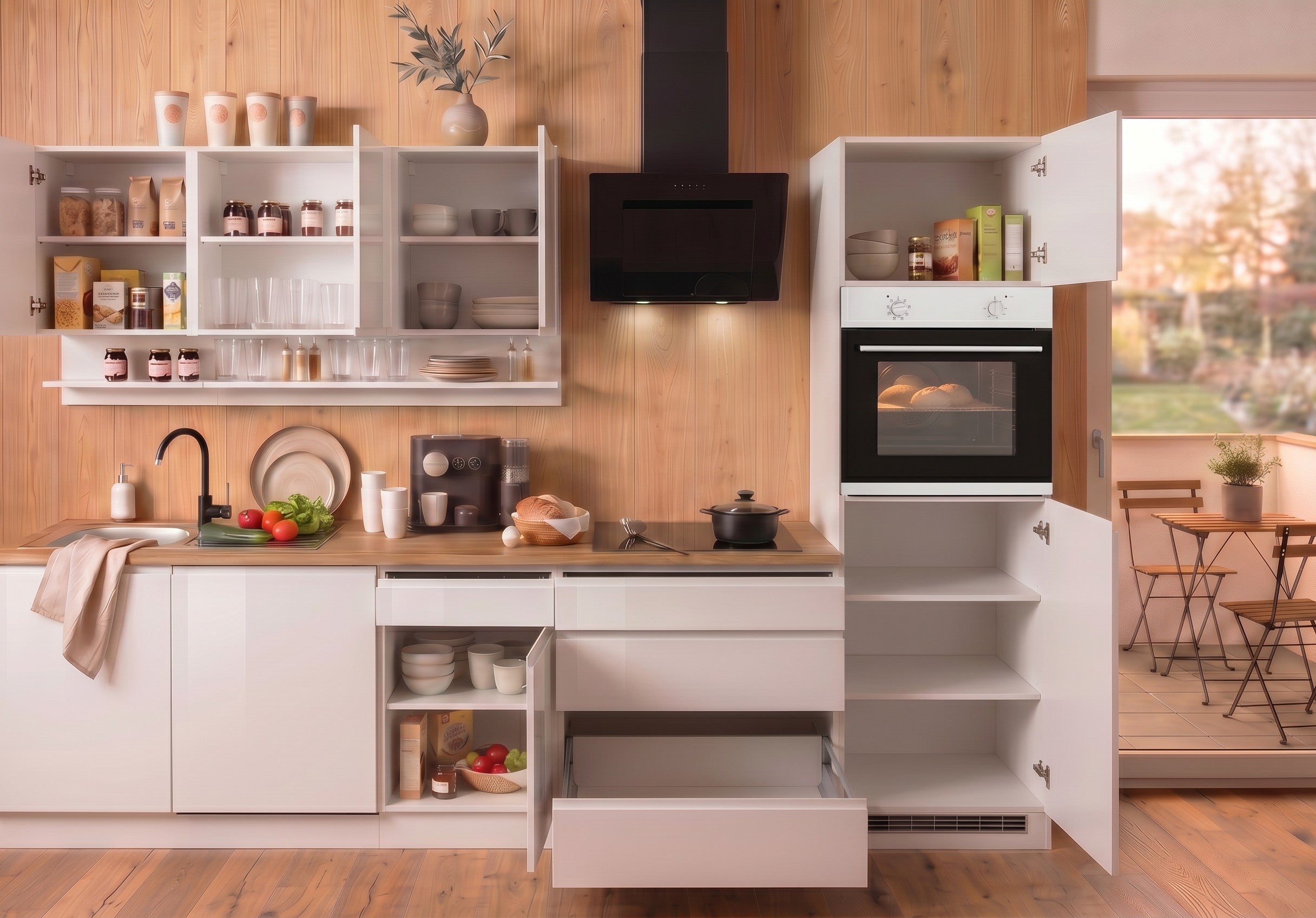 Moderne Küchenzeile 300 cm – Weiß Hochglanz / Wotaneiche – Grifflos – inkl. 4 Elektrogeräte – Made in Germany