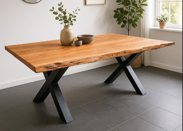 Baumtisch Akazie natur 240 cm mit X-Beinen in Anthrazit