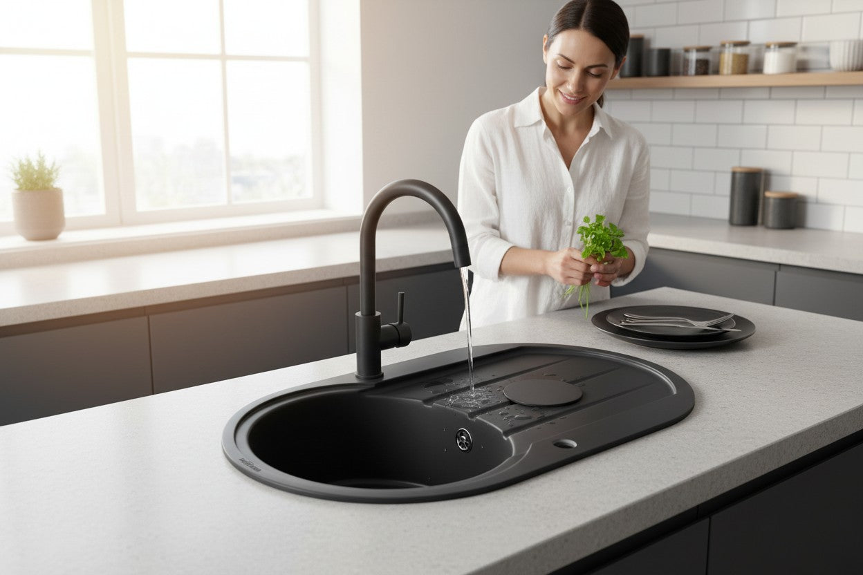 Granitspüle 86×50 cm Schwarz – Wendbar, mit Abtropffläche & Überl