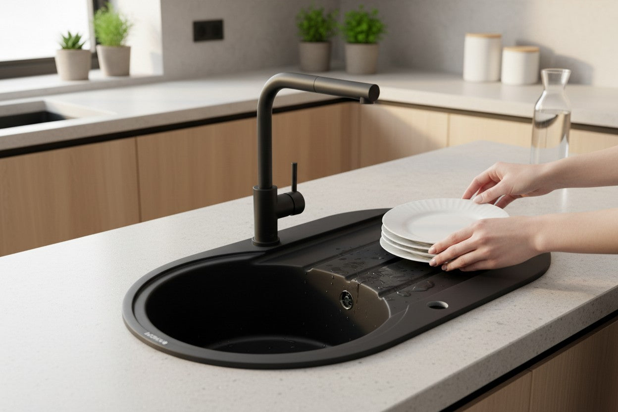 Granitspüle 86×50 cm Schwarz – Wendbar, mit Abtropffläche & Überl