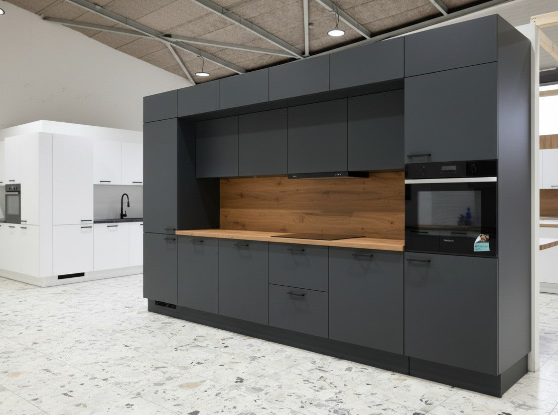 Moderne Hochglanz-Grafit Küche 360cm – Made in Germany – Premium-Auszüge – Neuware