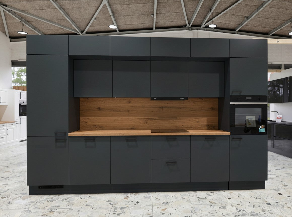 Moderne Hochglanz-Grafit Küche 360cm – Made in Germany – Premium-Auszüge – Neuware