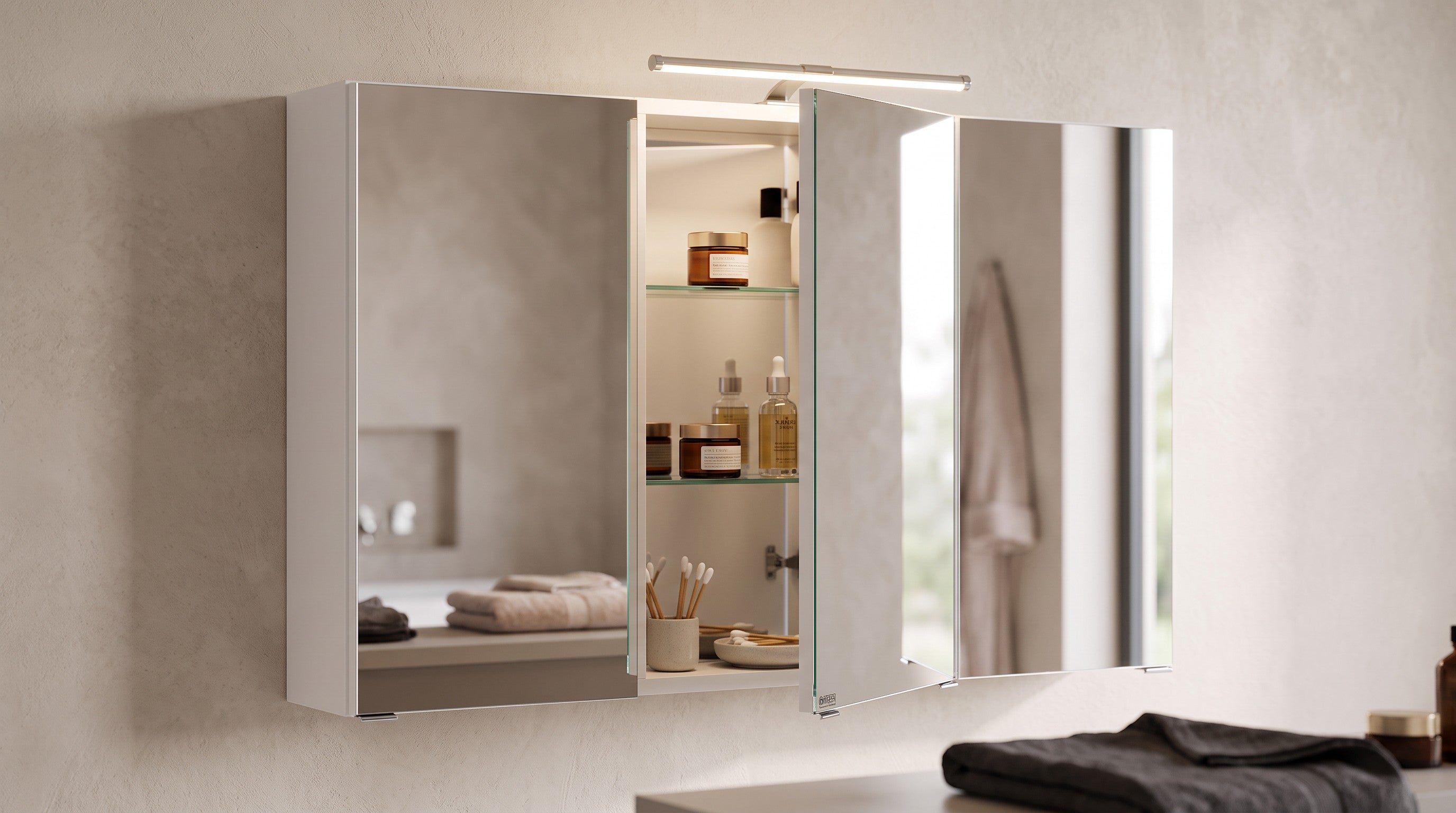 Spiegelschrank Farbe wotaneiche  FLORIA – 100 cm – 3 Spiegeltüren – LED-Beleuchtung