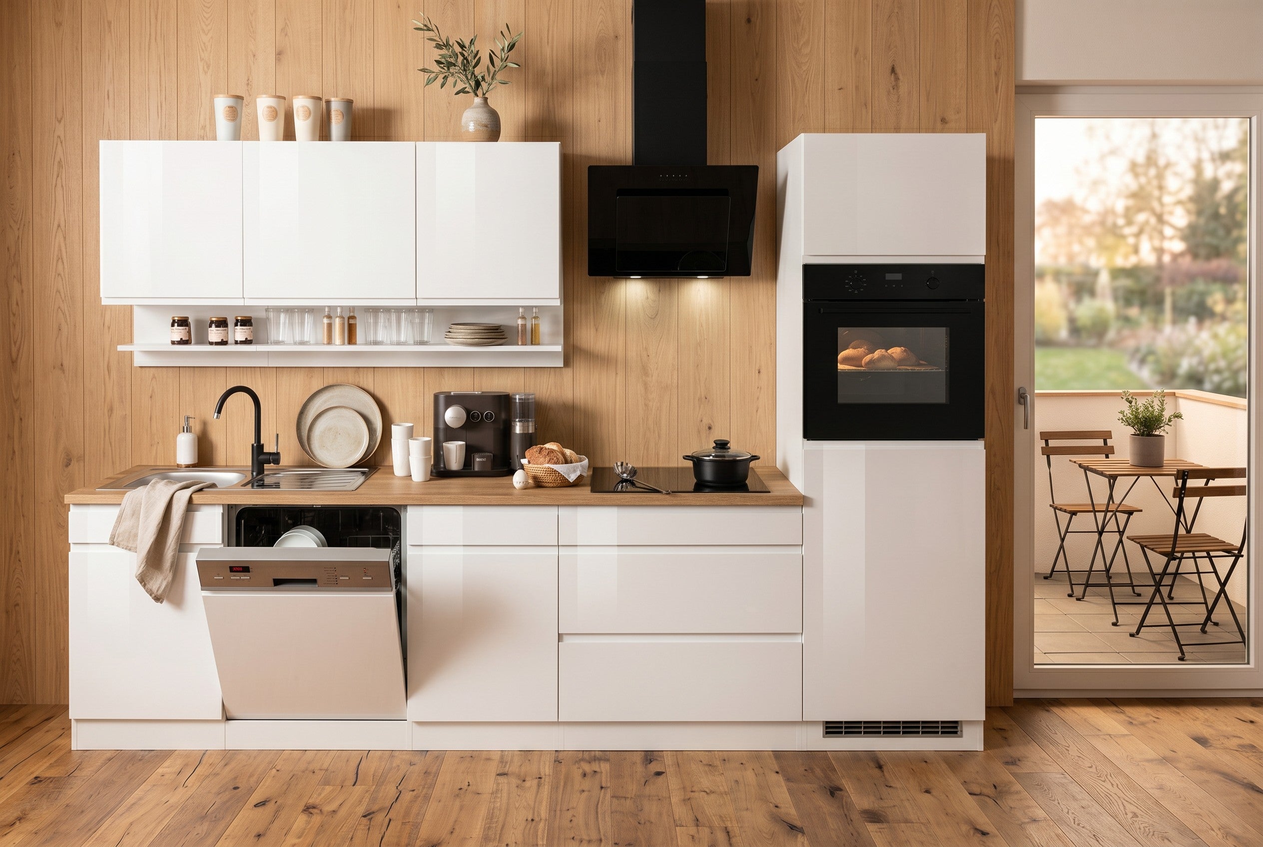 Moderne Küchenzeile 300 cm – Weiß Hochglanz / Wotaneiche – Grifflos – inkl. 4 Elektrogeräte – Made in Germany