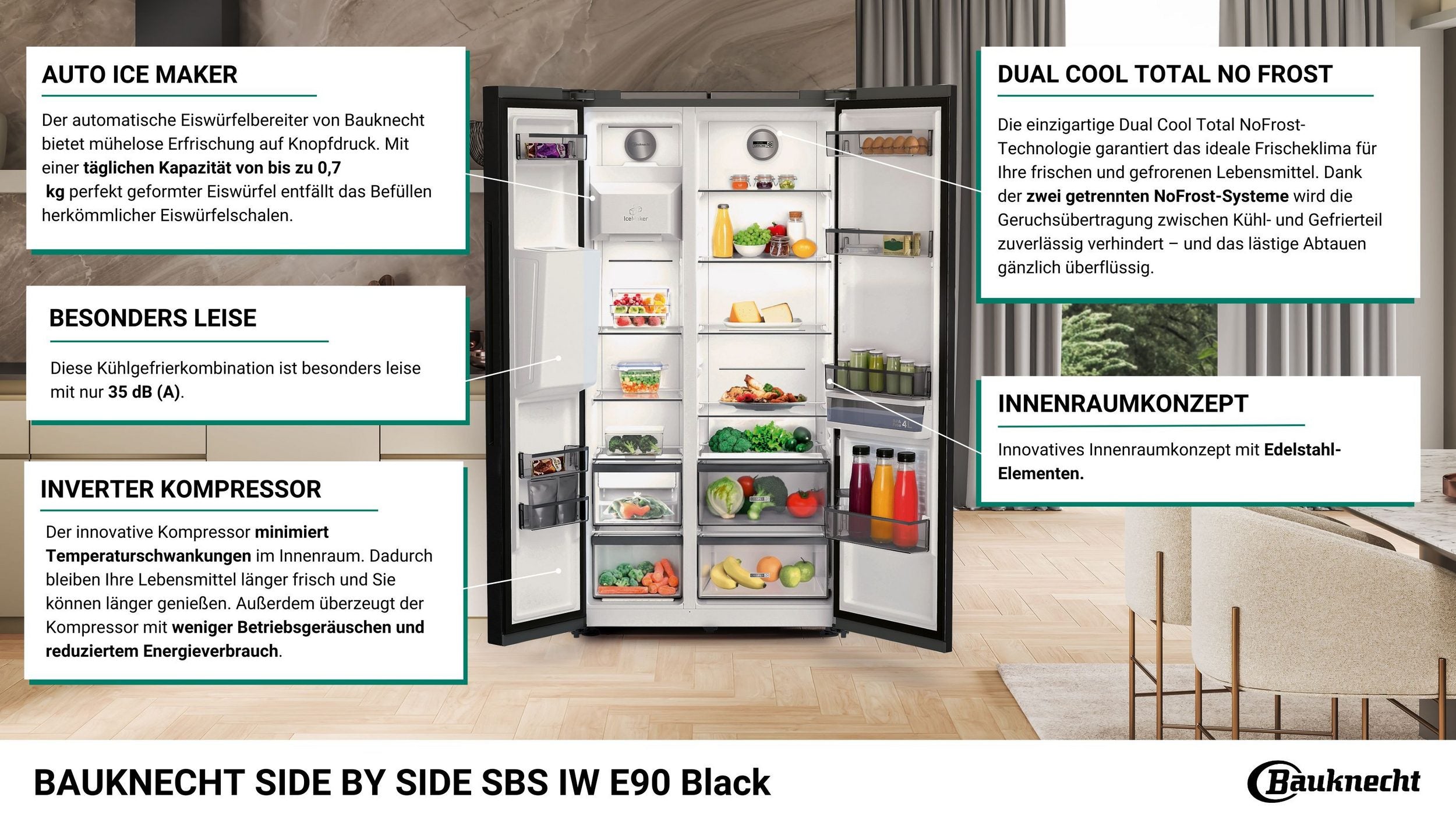 BAUKNECHT Side-by-Side Kühlschrank 578L Schwarz | NoFrost | Wasser- & Eiswürfelspender | Neu | Simo Möbel