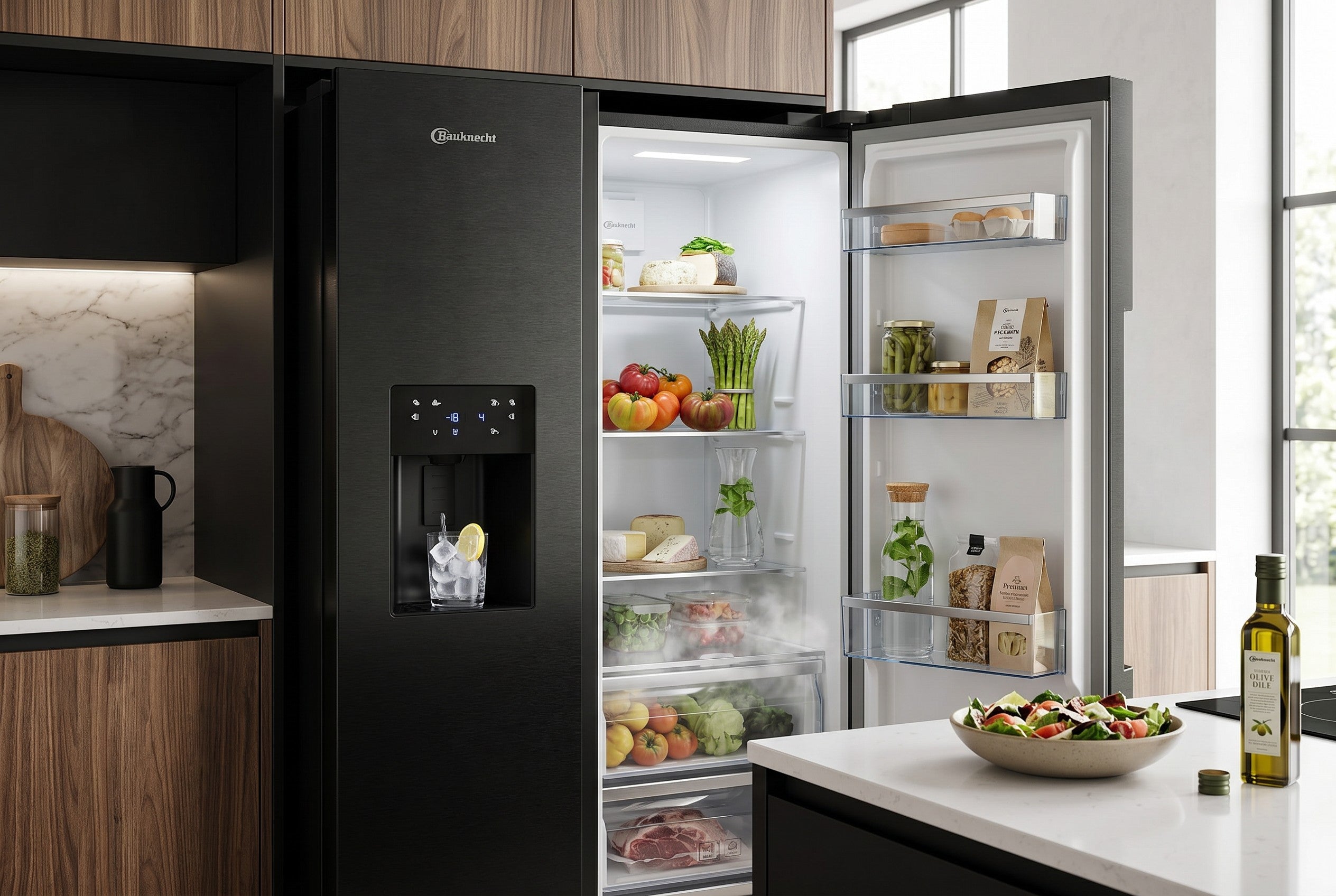 BAUKNECHT Side-by-Side Kühlschrank 578L Schwarz | NoFrost | Wasser- & Eiswürfelspender | Neu | Simo Möbel