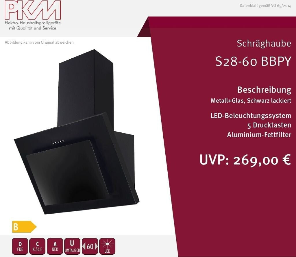 PKM S28-60 BBPY Kopffreihaube, 60 cm breit, 365 m³/h, LED Beleuchtung, 5 Drucktasten, Glas Schwarz, Dunstabzugshaube