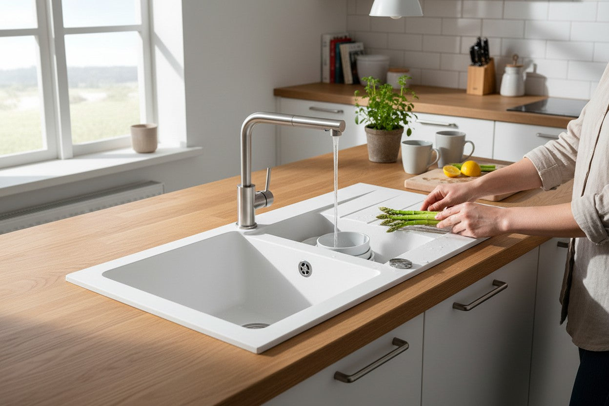 Küchenspüle Granit Weiß 96x48 cm Einbauspüle Spülbecken mit Abtro